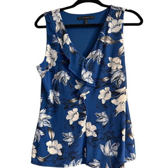 White House Black Market Tops - White House Black Market Blue Floral Ruffle V Neck Sleeveless Top Women Size M